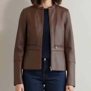 Lord And Taylor Sz 6 Brown Textured Leather Bomber Jacket